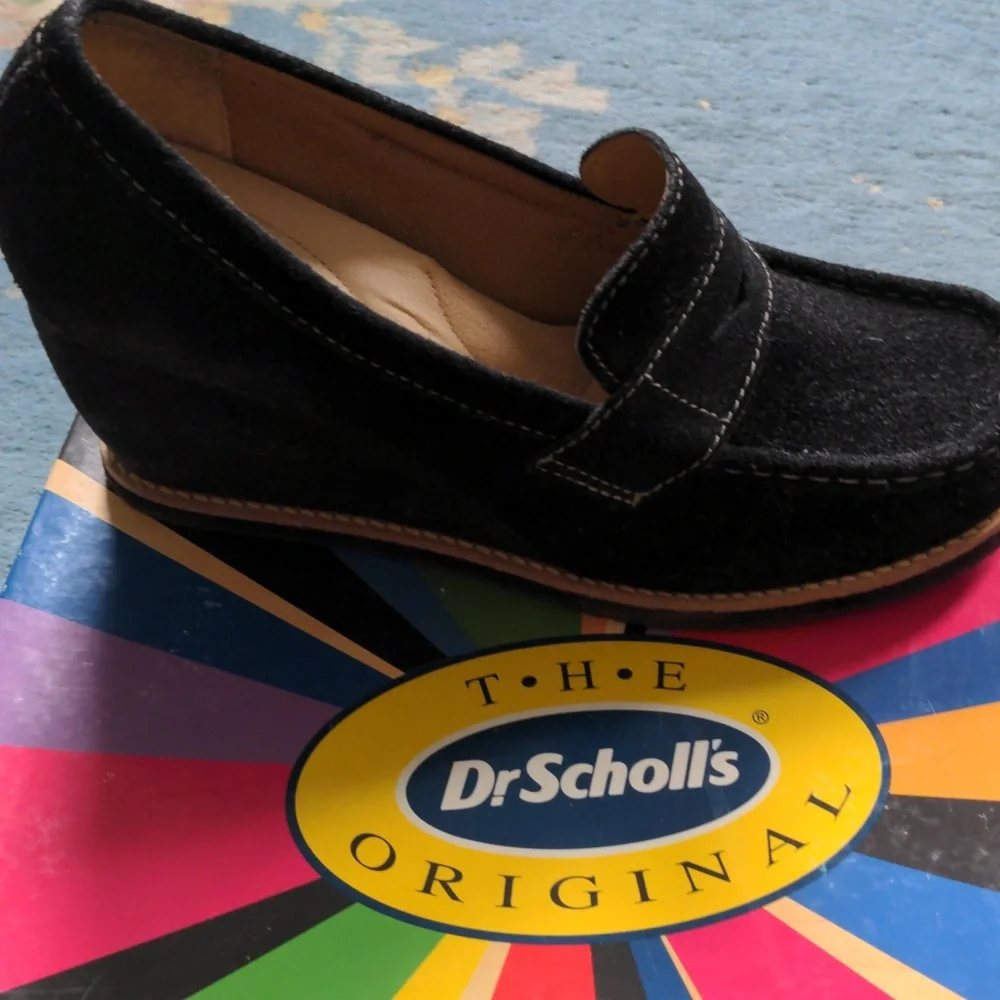 Dr. Scholl's Black Suede Women's Loafers, New, 9 1/2 M, Wedge Heels, Zenith